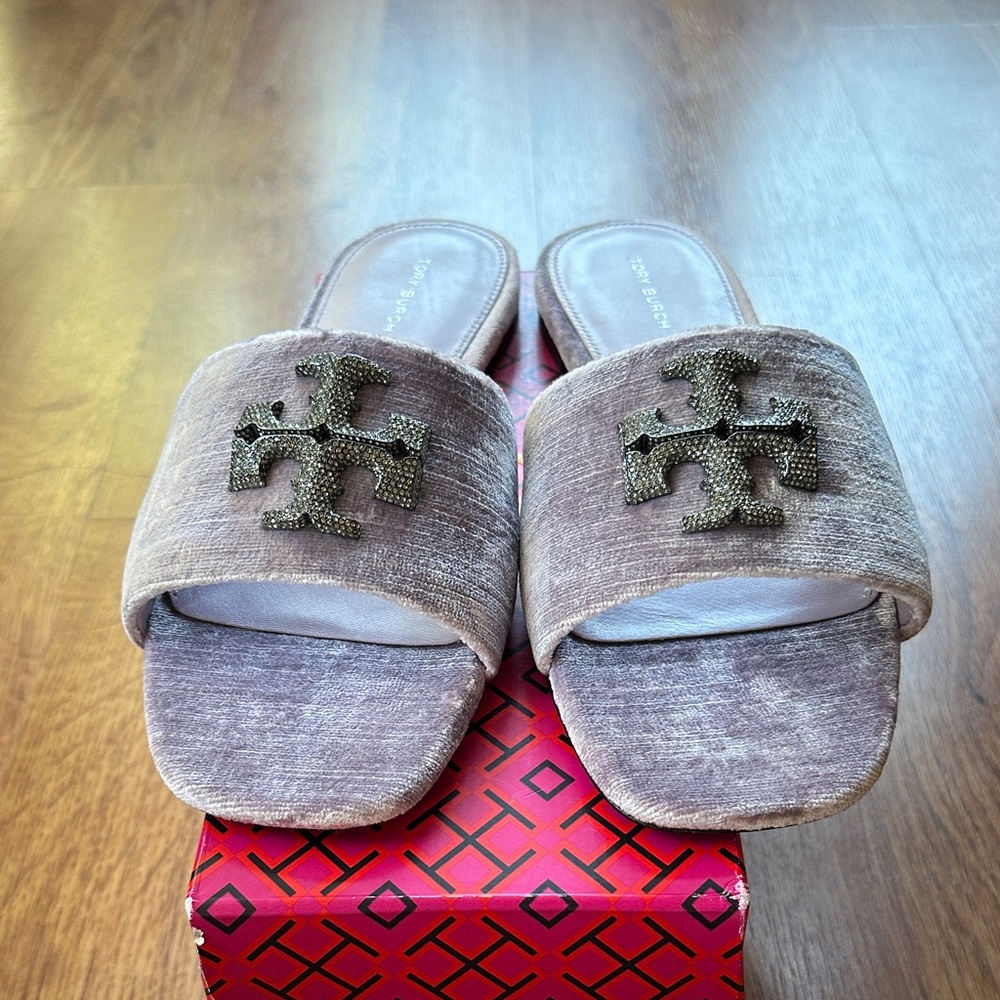 Tory Burch Eleanor Pave Crystal Velvet Slide Sandal Lilac Size 8 NIB - Picture 1 of 7